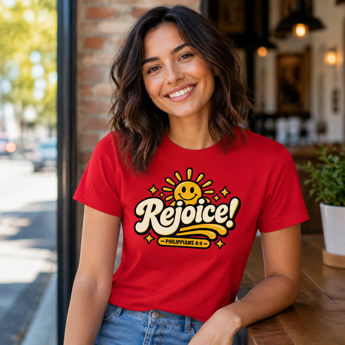 Woman wearing a Red Rejoice Philippians 4:4 Christian T-shirt