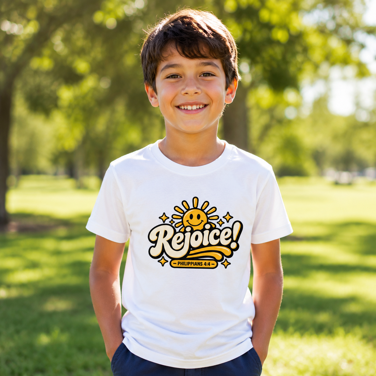Youth wearing a White Rejoice Philippians 4:4 Christian T-shirt