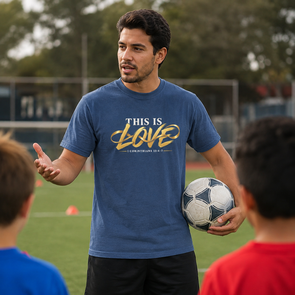 Man wearing This Is Love 1 Corinthians 13:4-7 Christian T-shirt coaching youth soccer