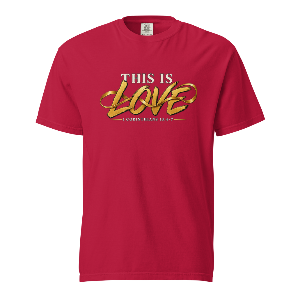 Men's this is love Christian T-shirt red front mockup