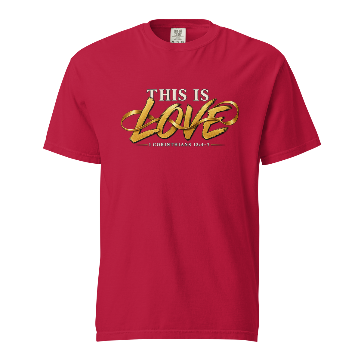 Men's this is love Christian T-shirt red front mockup