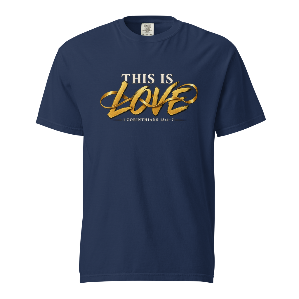 Men's this is love Christian T-shirt true navy front mockup