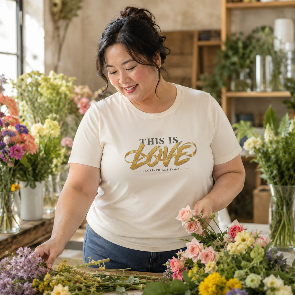 Woman wearing This Is Love 1 Corinthians 13:4-7 Christian T-shirt at a floral workshop
