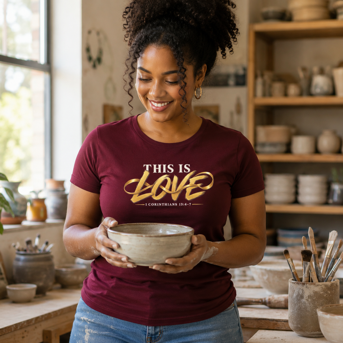 Woman wearing This Is Love 1 Corinthians 13:4-7 Christian T-shirt in a pottery studio