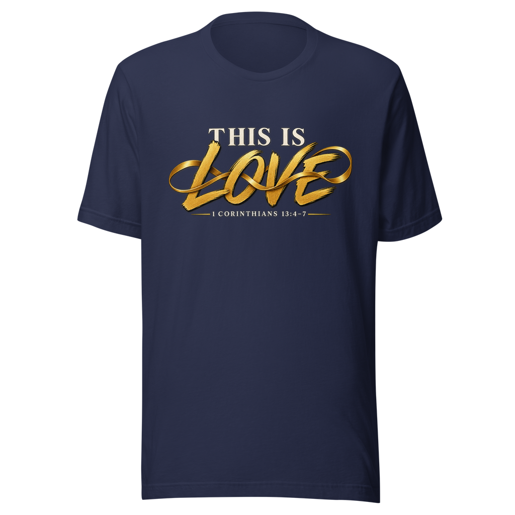 Women's this is love Christian T-shirt navy front mockup