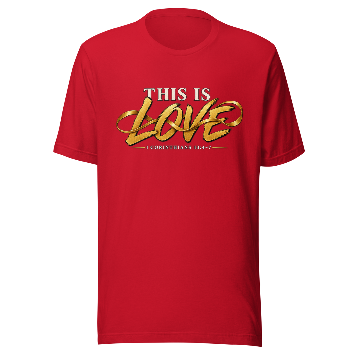 Women's this is love Christian T-shirt red front mockup