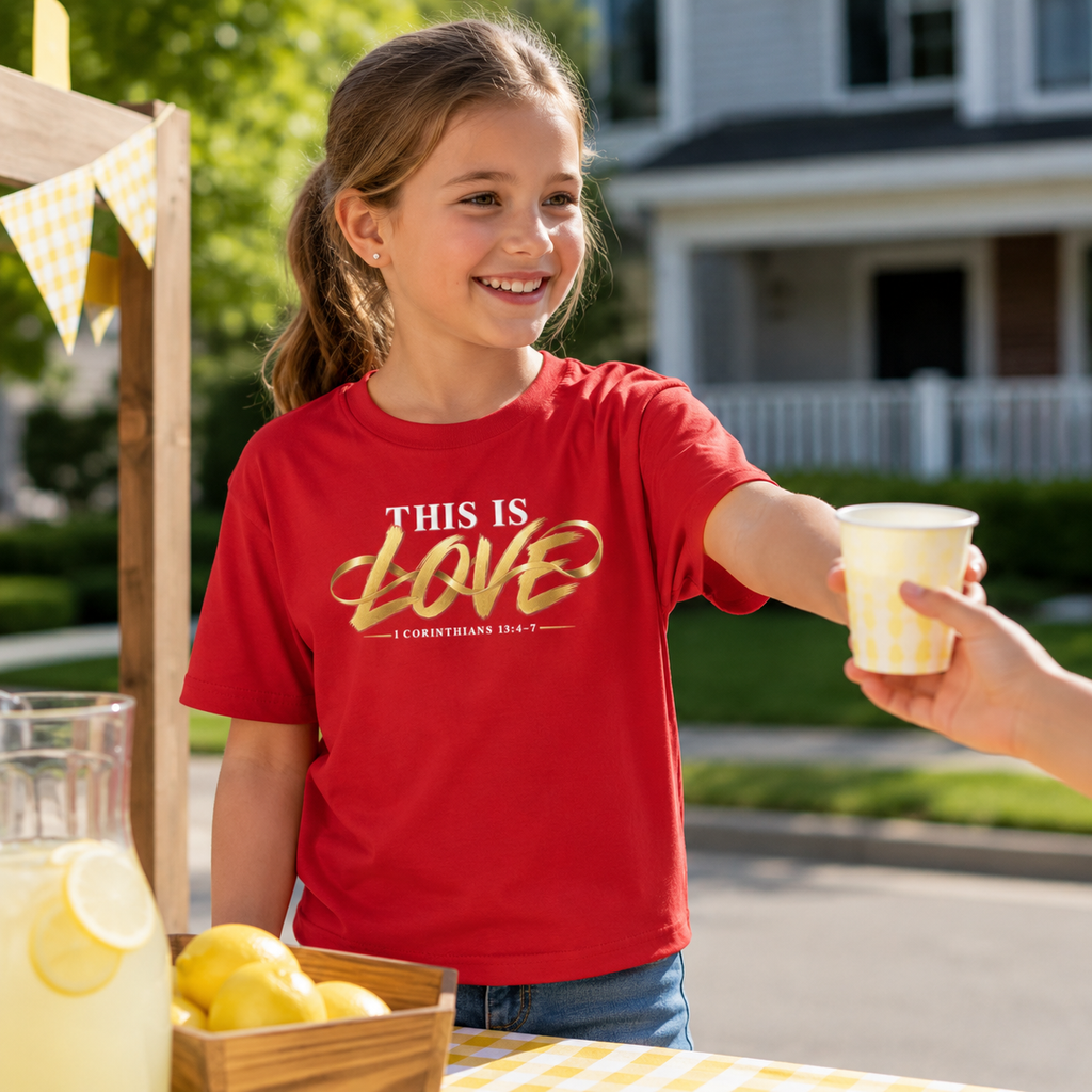 Youth wearing This Is Love 1 Corinthians 13:4-7 Christian T-shirt at a fundraiser