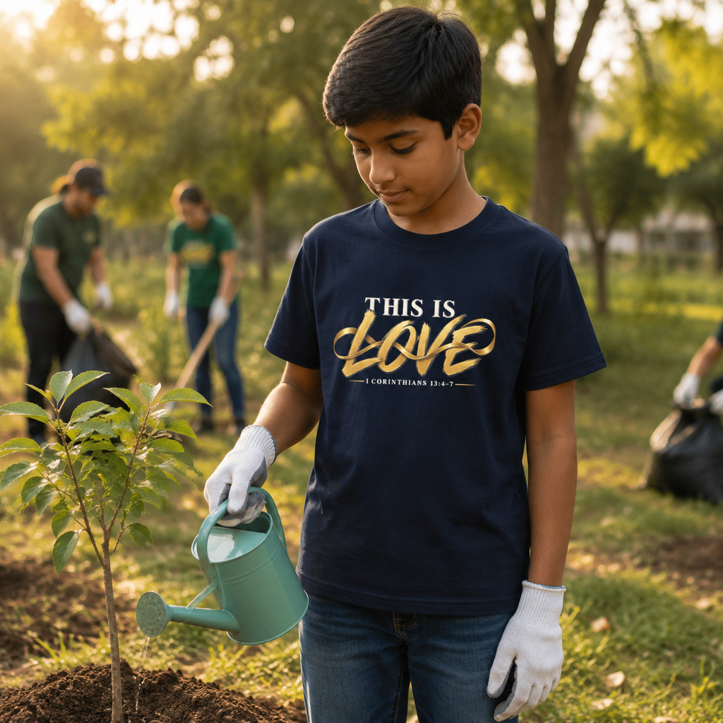 Youth wearing This Is Love 1 Corinthians 13:4-7 Christian T-shirt while planting a tree