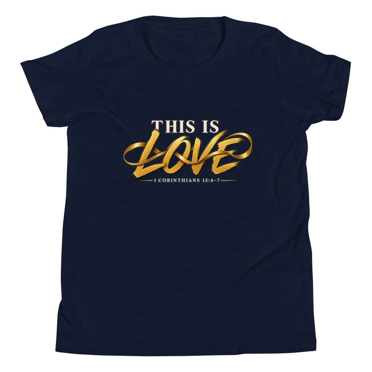 Youth this is love Christian T-shirt navy front mockup