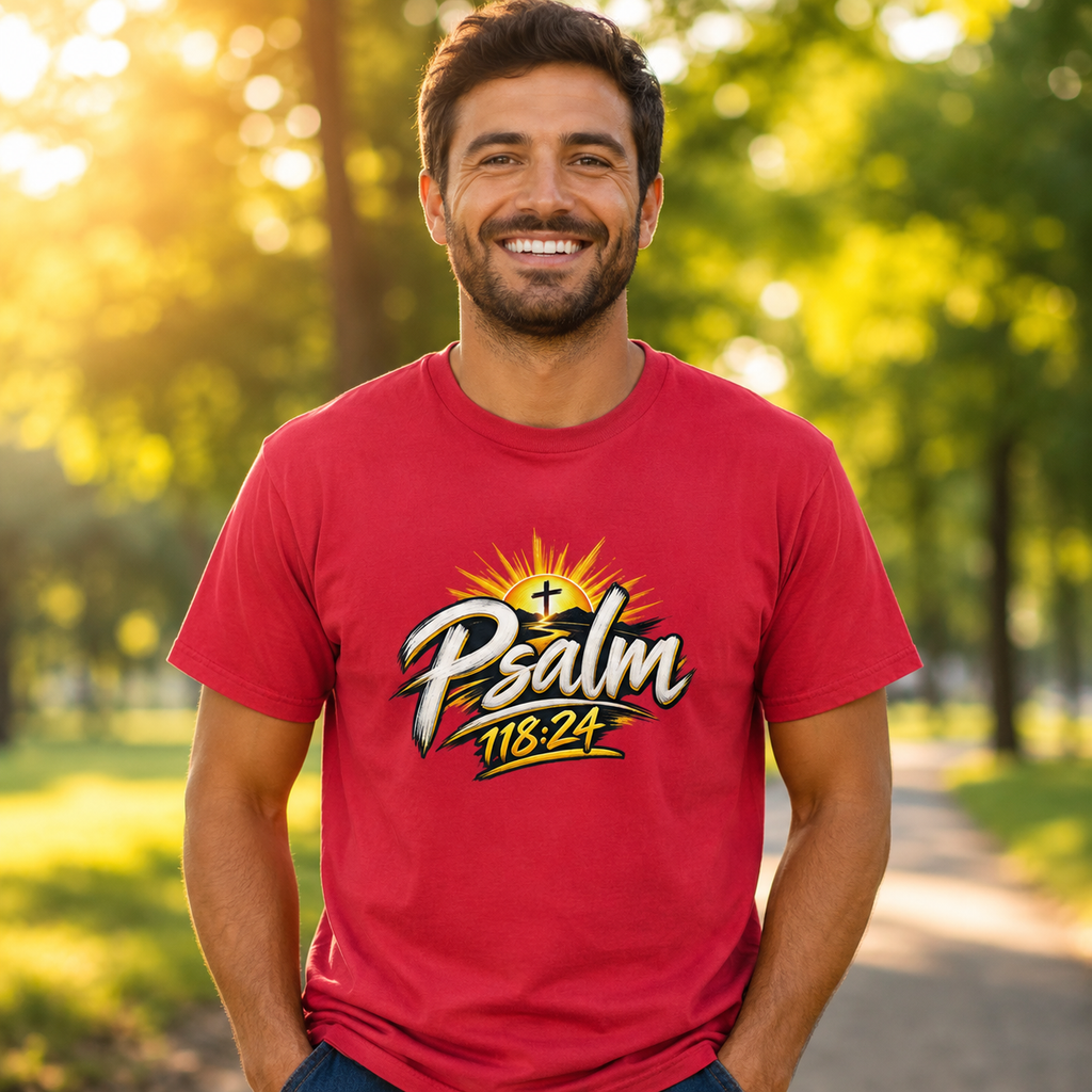 Man wearing a Red This Is the Day Psalm 118:24 Christian T-shirt