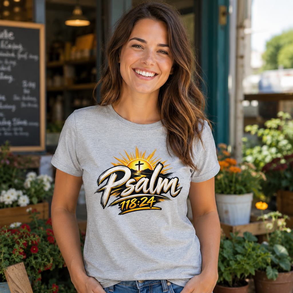 Woman wearing an Athletic Heather This Is the Day Psalm 118:24 Christian T-shirt