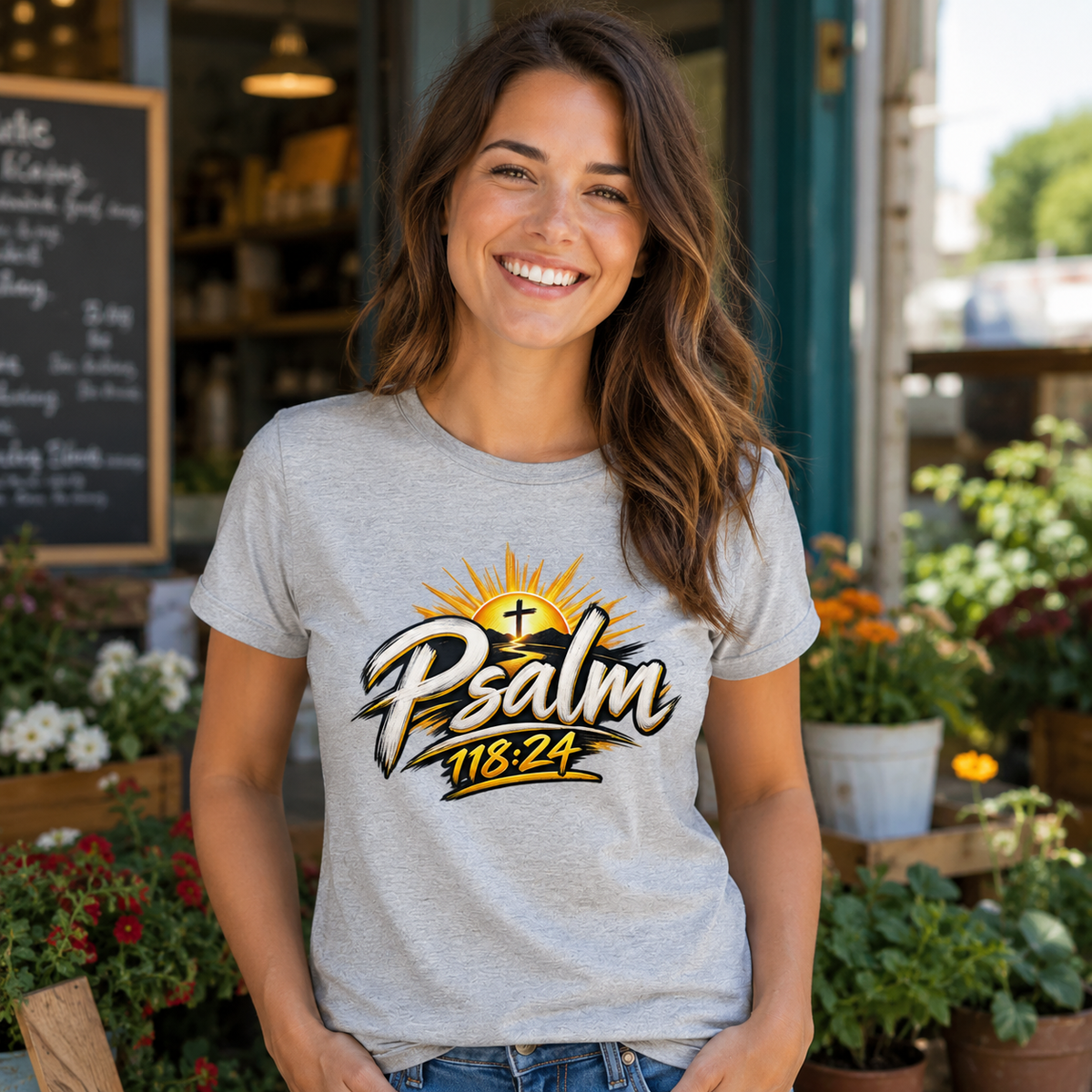 Woman wearing an Athletic Heather This Is the Day Psalm 118:24 Christian T-shirt