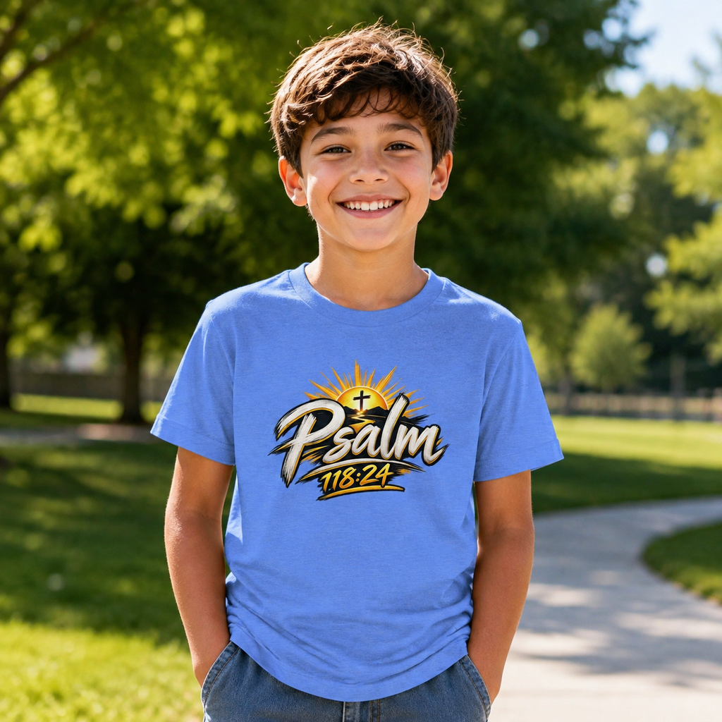 Youth wearing a Heather Columbia Blue This Is the Day Psalm 118:24 Christian T-shirt