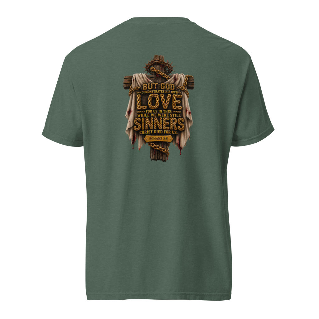 Men's while we were still sinners Christian T-shirt blue spruce back mockup