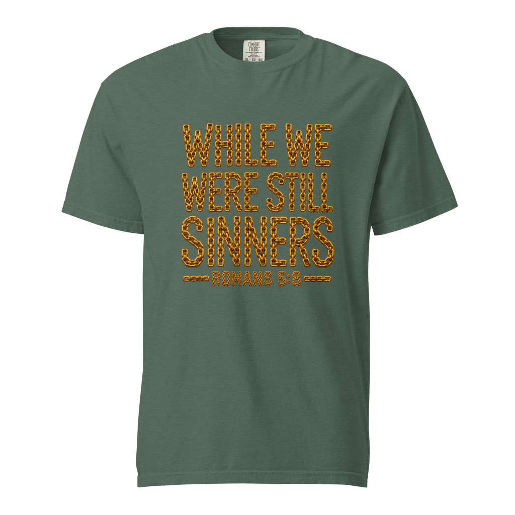 Men's while we were still sinners Christian T-shirt blue spruce front mockup