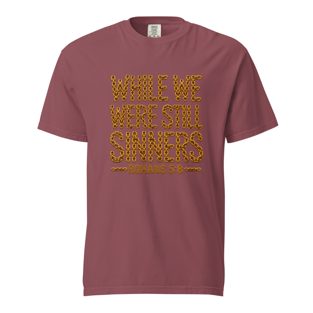 Men's while we were still sinners Christian T-shirt brick front mockup
