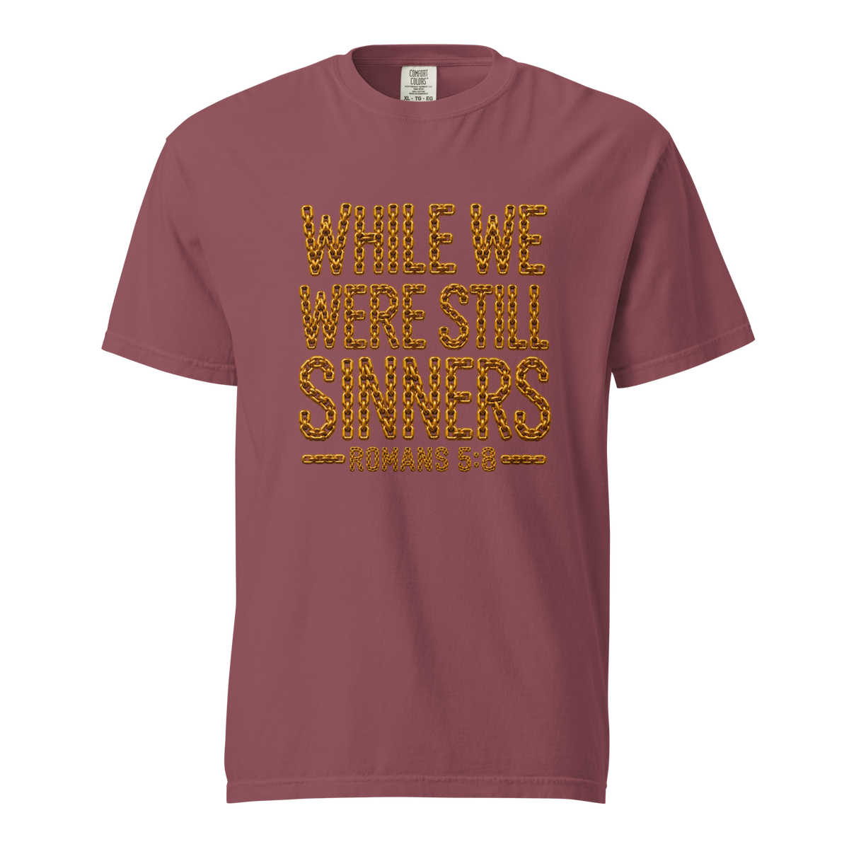 Men's while we were still sinners Christian T-shirt brick front mockup