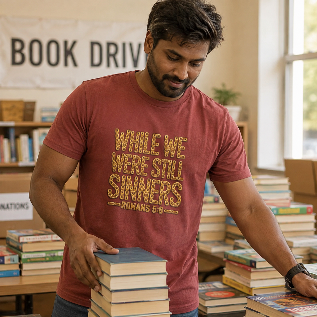 Man wearing While We Were Still Sinners Romans 5:8 Christian T-shirt at a book drive