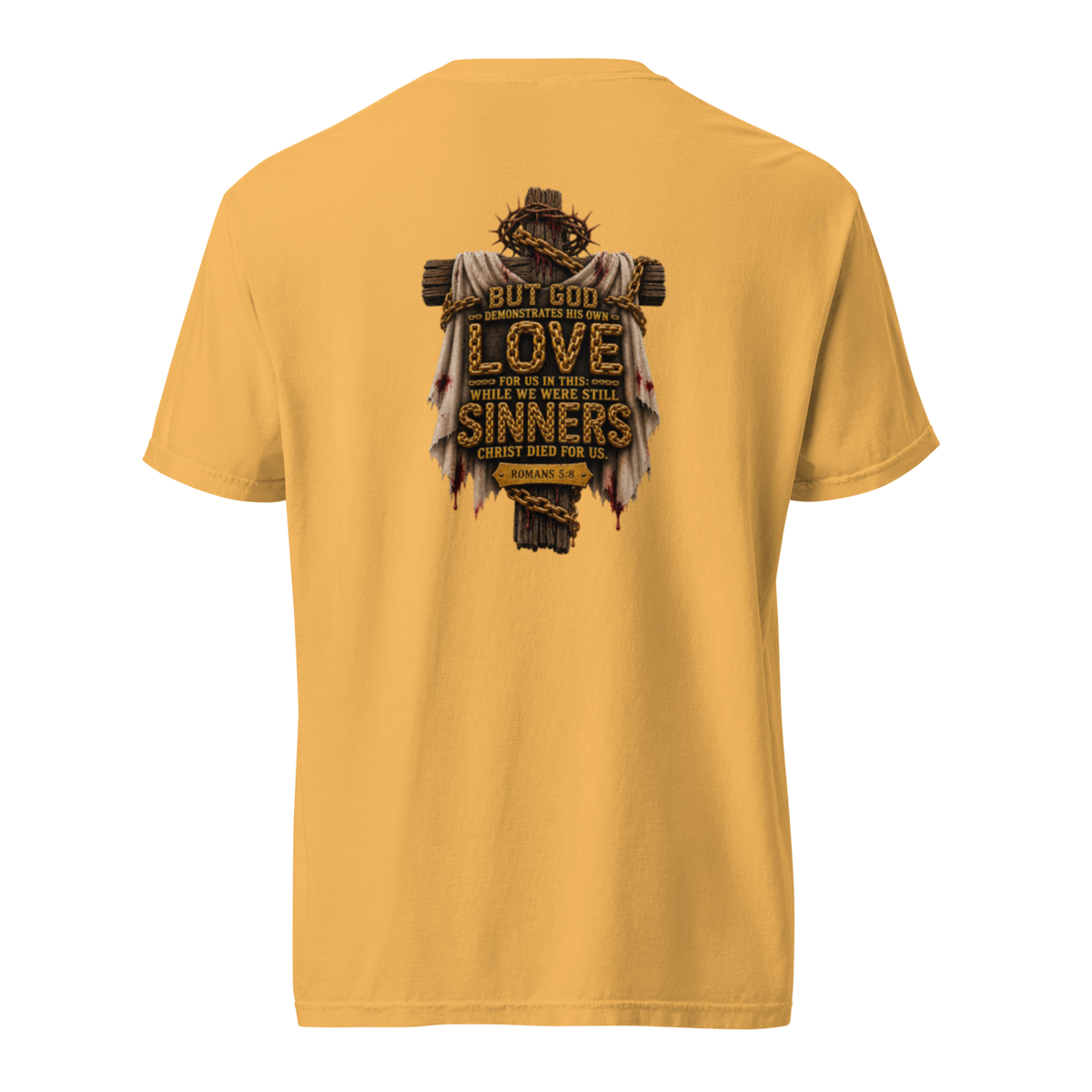 Men's while we were still sinners Christian T-shirt mustard back mockup