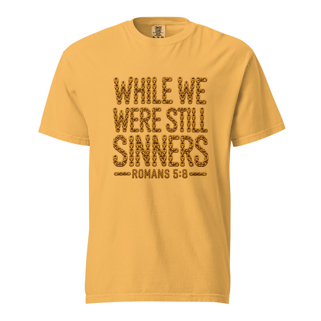 Men's while we were still sinners Christian T-shirt mustard front mockup