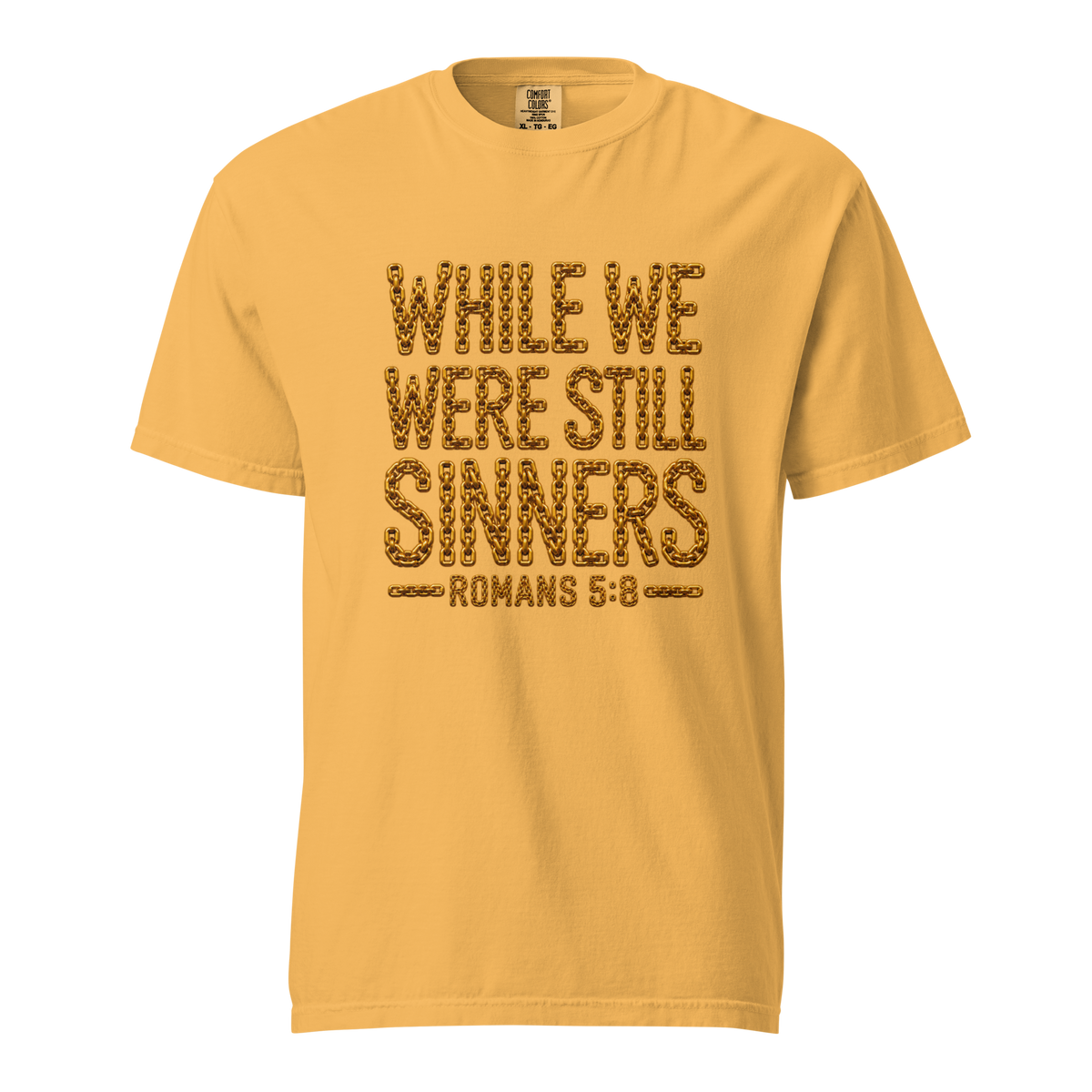 Men's while we were still sinners Christian T-shirt mustard front mockup