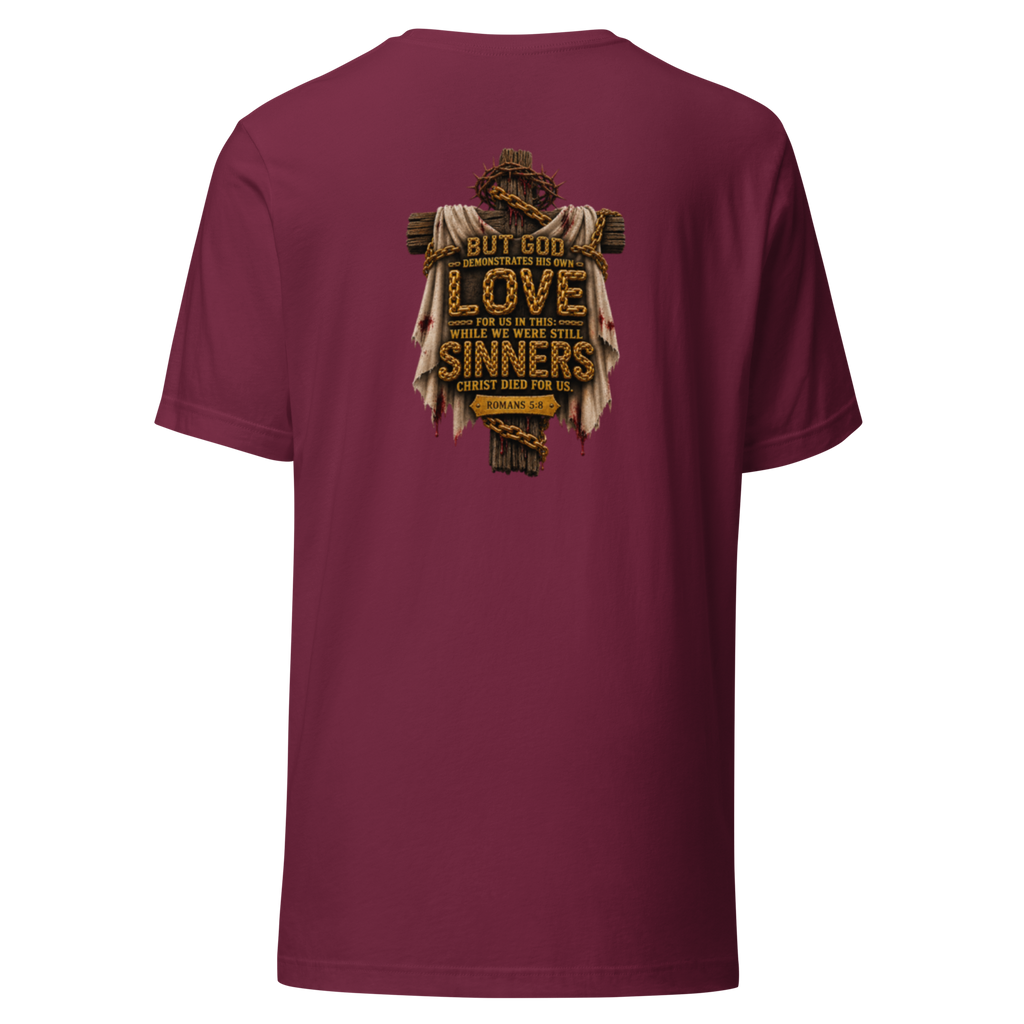 Women's while we were still sinners Christian T-shirt maroon back mockup