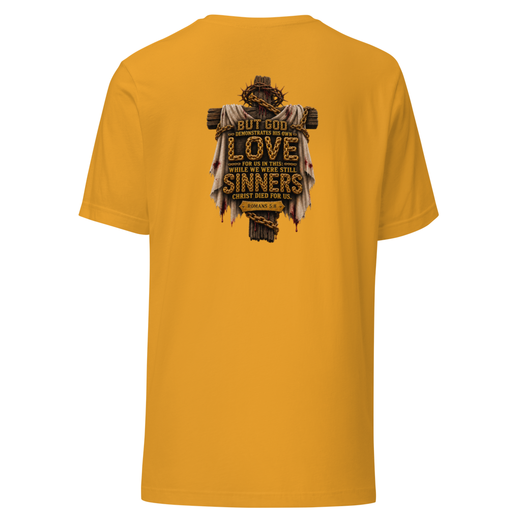 Women's while we were still sinners Christian T-shirt mustard back mockup